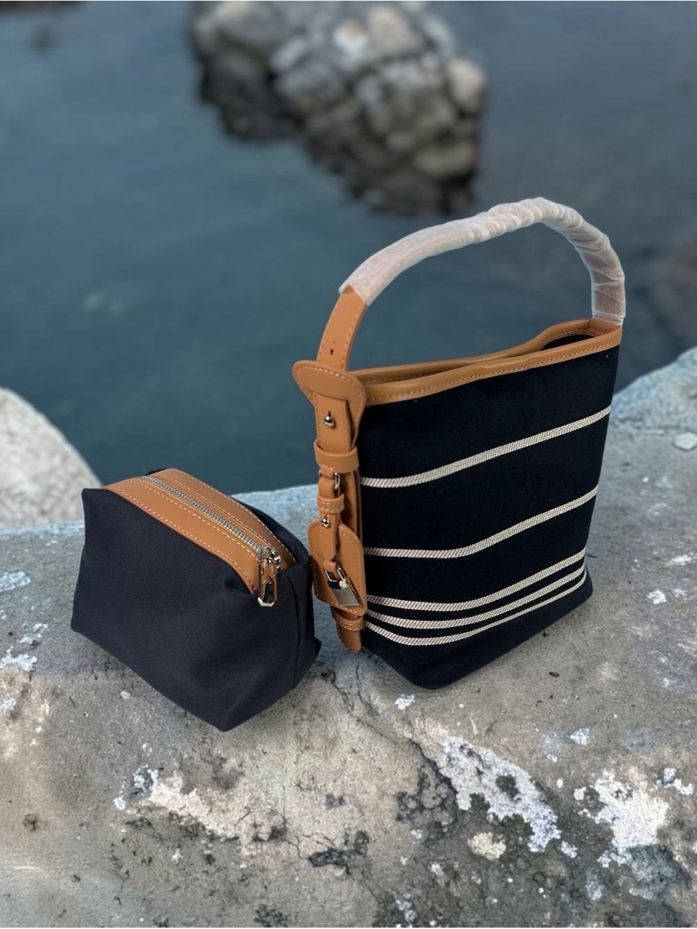 OKPTA1519426 Summer 2 Pc Tote Purse- With makeup bag  Navy Blue